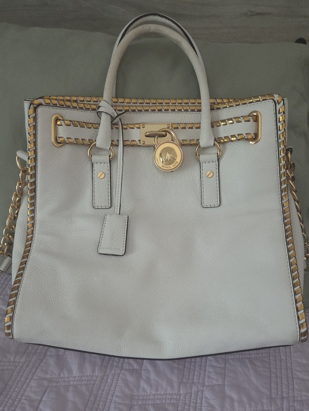 Vintage Michael Kors Off-White Leather Satchel with Gold Hardware & Lock And Key